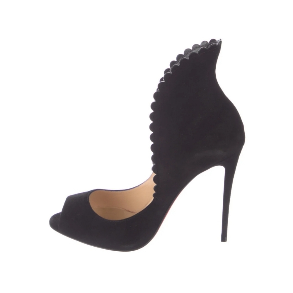 Christian Louboutin Black Scalloped Suede Peep-Toe Stiletto